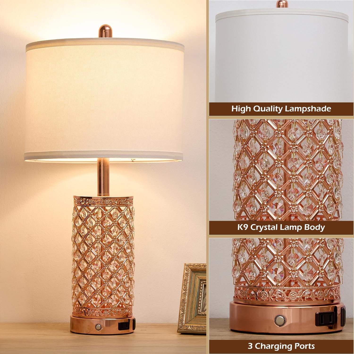 Crystal Table Lamps Modern 3-Way Dimmable Bedside Lamp with 2 USB Ports & AC Outlets for Living Room Bedroom Nightstand Lamp Night Light (Rose Gold-2 Pack 24In)